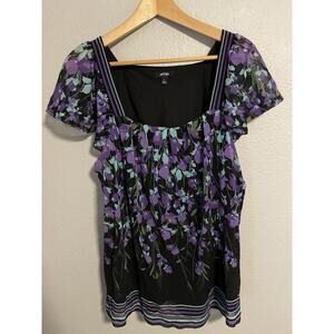 Apt 9 Womens Top XL Black Purple Floral Print Mesh Lined Fairy Whimsical Y2K